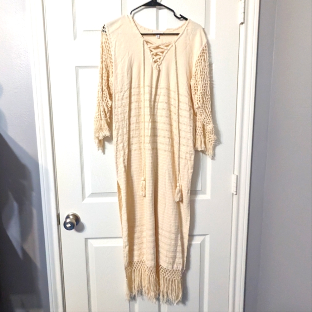 Jaline Designer summer dress cover up boho knit sleeves distressed casual
